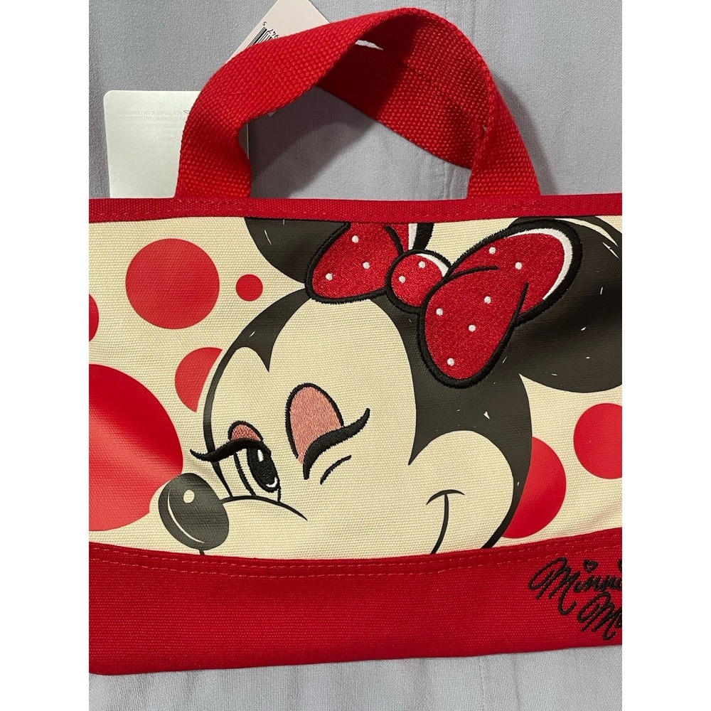 NEW Disney Parks Minnie Mouse Mini Canvas Tote Bag Red Polka Dot Zipper & Strap - Picture 3 of 7